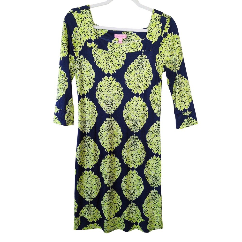 Lilly Pulitzer 100% Silk Jersey Shift Dress Navy & Green Medallion Print Size 6